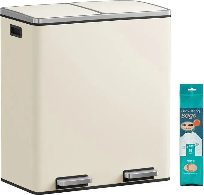 Ochama Mülleimer 60 L mit 2 Fächern, herausnehmbare Inneneimer, Pedal, Küche, Müllbeutel, Cream