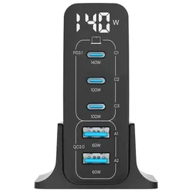 CubeNest S5D0 PD 3.1. 3*USB-C+2xUSB-A GaN-Adapter 140W Schnellladegerät USB-C-Kabel Desktop-Ladegerät - Schwarz