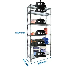 simonclick SimonRack Metallregal, 2500x800x500 mm, 6 Ebenen, Metallboden, 180 kg Biegepunkt, Anthrazit/Verzinkt - Simonclick