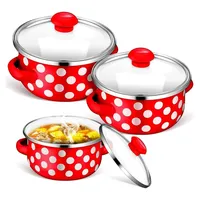 Mini Emaille Kochtopfset 3-teilig mit Deckel, kleine Suppentöpfe für alle Herdarten, rot mit weißen Punkten, geeignet für Suppen und Eintöpfe