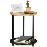 Relaxdays Beistelltisch rund, mit Rollen, fahrbar, modernes Design, Bambus, Zeitungsablage, HxD: 49x40 cm, schwarz/natur