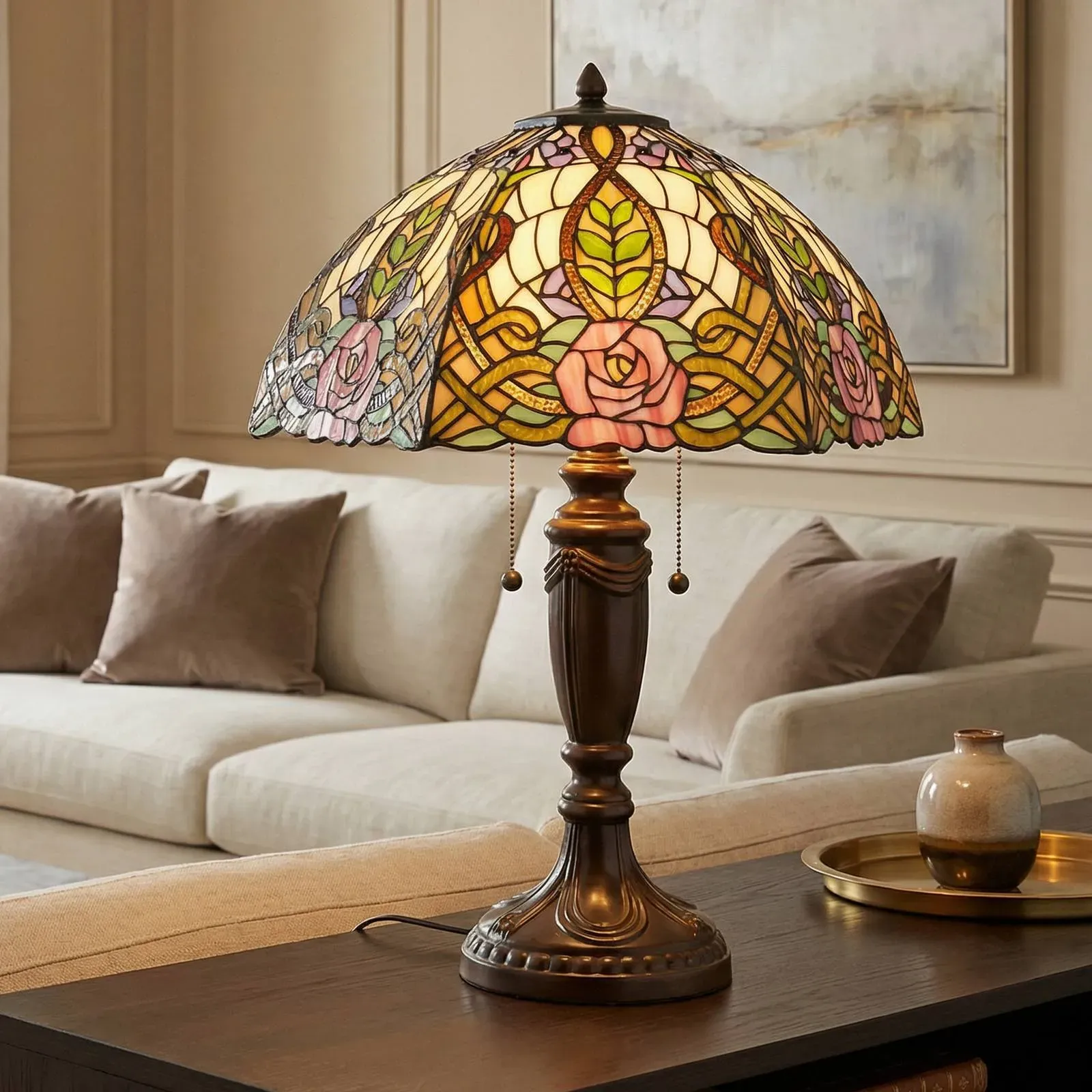 Clayre&Eef Tiffany Tischlampe EDEN, Multicolour, für Wohn- / Esszimmer, Glas, Tiffany, Tischlampe - 47 cm - 47 cm - 61 cm