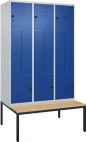 C+P Z-Spind Classic PLUS, Bank, 6 Fächer, 2120x1200x815mm, 7035/5010 Verschluss Sicherheits-Drehriegel Sitzbanktyp untergebaut Material Sitzfläche Buche-Hartholz