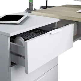 Dmora Schreibtisch Greensboro, Wendeschreibtisch mit Kommode, Eckstudie oder Büro-pc-tisch, cm, Eiche und Weiß - Dmora