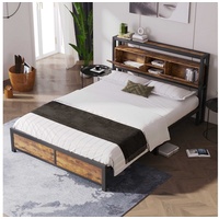 BlingBin Metallbett (Einzelbett mit Stauraum-Kopfteil 140 x 200 cm), Metall Lattenrost, 2-stufiges Lagerregal schwarz 145 cm x 220 cm x 100 cm