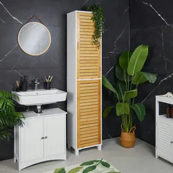 Relaxdays Badezimmerschrank, HxBxT: 190 x 40 x 30 cm, 6 Fächer, MDF & Bambus, hoch, schmal, Bad Hochschrank, weiß/natur