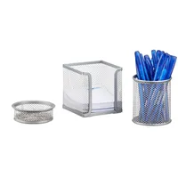 Relaxdays Schreibtisch Organizer Set Metall, Schreibtisch-Set, Büroset Mesh, Zettelbox, zwei Köcher, silber