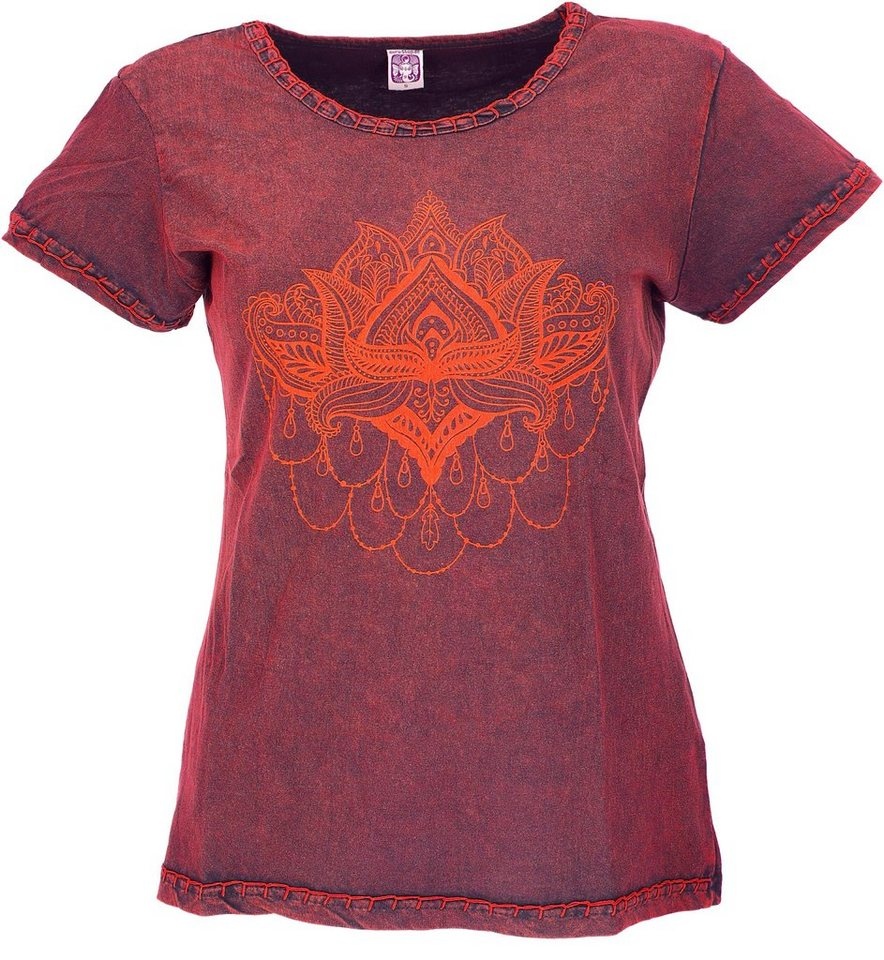 Guru-Shop T-Shirt Boho T-Shirt mit Lotusdruck, Stonewash Yoga.. Festival, Ethno Style, alternative Bekleidung rot L