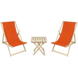 2 x Liegestuhl + Beistelltisch Strandliege Holz Sonnenliege Gartenliege Gartentisch Orange - Orange