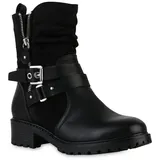 VAN HILL Damen Biker Boots Blockabsatz Schnallen Trendy Schuhe 216382 Schwarz 36 - 36 EU