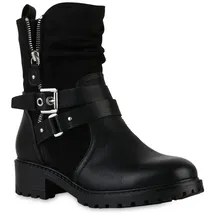 VAN HILL Damen Biker Boots Blockabsatz Schnallen Trendy Schuhe 216382 Schwarz 36 - 36 EU