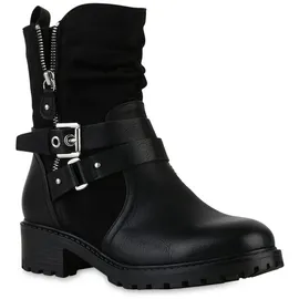 VAN HILL Damen Biker Boots Blockabsatz Schnallen Trendy Schuhe 216382 Schwarz 36 - 36 EU