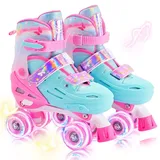 2PM SPORTS Kinder Rollschuhe Verstellbar, Rollschuhe für Mädchen Anfänger 3-12 Jahre, Indoor/Outdoor Rollschuhe mit Rosa-Grün Schmetterling-Design