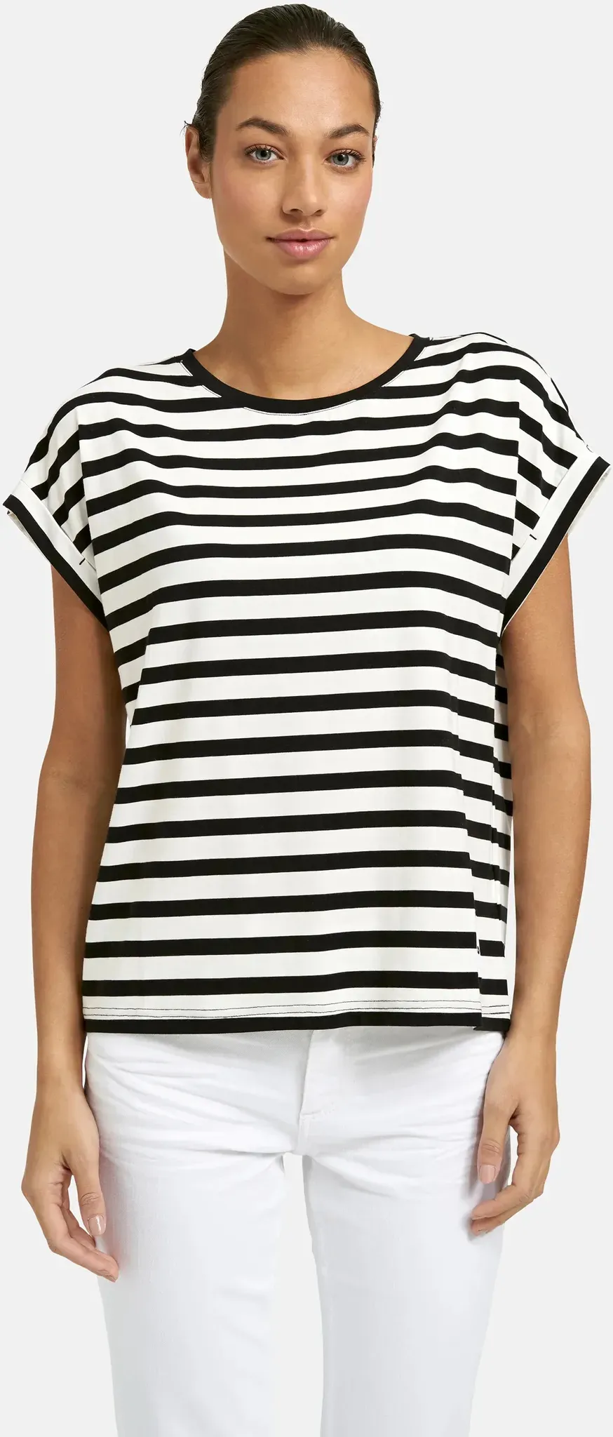 T-Shirt SMITH & SOUL, Damen, Gr. XXL, schwarz-weiß (schwarz), Single Jersey, Obermaterial: 46% Baumwolle, 46% Lyocell, 8% Elasthan, gestreift, normal, Rundhals, Umschlagsaum, Shirts T-Shirt, im gestreiften Design, Rundhalsform