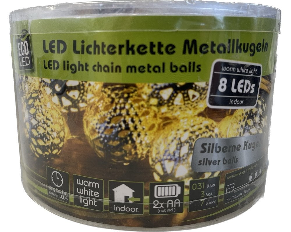 LED Lichterkette mit 8 leuchtenden Metallkugeln - Farbe: silber