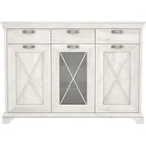 Forte Kashmir Vitrine mit 2 Türen, 1 Glastür und 3 Schubladen, Holzwerkstoff, Pinie Weiß Dekor, 48,3 x 177,7 x 127,7 cm