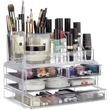 Relaxdays Make Up Organizer Acryl, 2-teilige Schminkaufbewahrung mit 4 Schubladen, Transparent