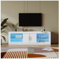 Merax TV-Schrank mit Glasböden und verstellbarem Einlegeboden Lowboard mit Hochglanz Front, TV-Board mit LED, TV-Ständer, B:140cm weiß