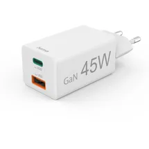 Hama Schnellladegerät, 1x USB-C 1x USB-A QC, Mini-Ladegerät, 45 W, Weiß