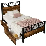 TavilaEcon Metallbett mit Metallrahmen, zwei Schubladen und Metallrahmen, Metall+MDF, 90x200/140×200cm, Schwarz + Walnuss schwarz