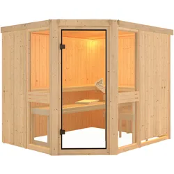 Karibu Amelia 3 - Sauna mit Eckeinstieg 68 mm-Ohne Ofen-ohne Dachkranz inkl. 8-teiligem gratis Zubehörpaket (Gesamtwert 191,92€)