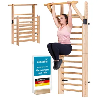 Skandika Sprossenwand ausklappbar mit Klimmzugstange Vira, Made in Germany, bis 130 kg, vormontiert / Selbstmontage, Esche massiv, Anzahl Sprossen 15 braun