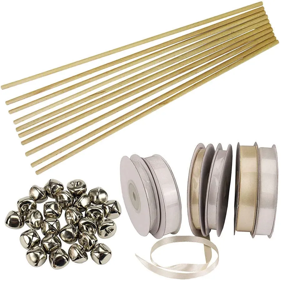 trendmarkt24 Zauberstäbe 48 Stück Hochzeit Wedding Wands 50cm lang DIY Glocken 150m Band Glücksstäbe