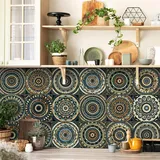 Fliesenaufkleber 15x15cm Blaues Khaki Mandala Klebefliesen Wasserdicht Mosaikfliesen Fliesenaufkleber Bad Fliesenaufkleber Küche Möbeldekoration Küchenrückwand Selbstklebend (10 Stück)