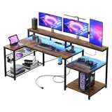 BESTIER Gaming Tisch, 181x80 cm Schreibtisch mit LED-Leuchten, L-förmiger Schreibtische mit 3 AC-Steckdosen und 2 USB Ladeanschluss, Computertisch mit großzügiger Monitorablage, Braun