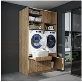 Roomart Waschmaschinenumbauschrank Doppelschrank 134 cm SERIE-I, 2 Geräte, 130 kg, Ausziehbrett, 3 Farben (Waschmaschinenschrank Trocknerschrank mit Schrankaufsätzen Waschturm) 130 kg Belastbarkeit, Ausziehbrett, 2 Geräte möglich, in 3 Farben braun