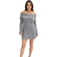 Damen Strick-Kleid mit Bardot-Ausschnitt Mini-Kleid Schulterfrei 912333 Grau - 36/38