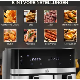 Homcom Heißluftfritteuse 8,5L Fritteuse mit Doppelkammer, 8 in 1 Rezeptur, Schwarz