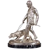 Casa Padrino Luxus Bronzefigur Jäger mit Hund Silber / Schwarz 45 x 28 x H. 61 cm - Bronze Skulptur mit Marmorsockel - Schreibtisch Deko - Wohnzimmer Deko - Luxus Qualität