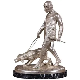 Casa Padrino Luxus Bronzefigur Jäger mit Hund Silber / Schwarz 45 x 28 x H. 61 cm - Bronze Skulptur mit Marmorsockel - Schreibtisch Deko - Wohnzimmer Deko - Luxus Qualität