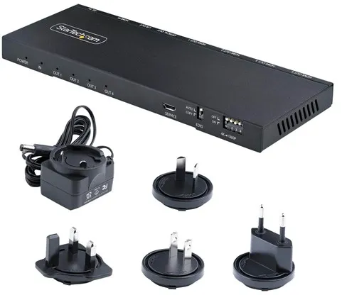 4-Port HDMI Splitter 4K 60Hz HDMI 2.0 Video 1 In 4 Out HDMI Splitter 4K HDMI Splitter w/Built-in Scaler 3.5mm/Optical Audio Port Durable Metal Housing HDR/HDCP