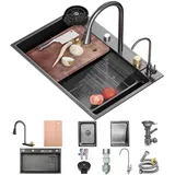 Wasserfall spüle 80x45cm,Edelstahl-Spüle,1 Becken,Einzelbecken Multifunktionales Haushaltsspülbecken mit Wasserfall-Armatur,Ablaufsystem,Überlaufschale,Abtropfkorb,Schneidebrett und Montagezubehör