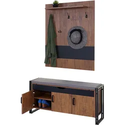Garderobe mit Sitzbank HWC-A27, Garderobenpaneel Kommode, 53x110x30cm 3D-Struktur, MVG Wildeiche-Opt
