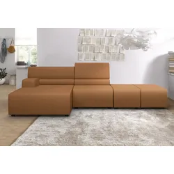 Ecksofa EGOITALIANO "Babouche, Designsofa mit außergewöhnlichem Sitzkomfort zum Wohlfühlen", braun (cognac), B:384cm H:80cm T:98cm, Luxus-Micofaser Lederoptik (100% Polyester) ist ein neues technisches Gewebe mit einem visuellen und taktilen Aspekt, der dem Nubuk sehr nahe kommt, mit innovativen Eigenschaften. Seine außerordentliche Weichheit kommt von einem exklusiven Produktionsprozess, der Unreinheiten und Unregelmäßigkeiten beseitigt. Das Ergebnis ist eine bemerkenswert samtige Faser, die durch das Vorhandensein von Körnern verstärkt wird. Von der einfarbigen Eleganz der warmen Farben und der Vielfalt an trendigen Farben, die es zu seiner eigenen Stärke und Persönlichkeit machen., Sofas