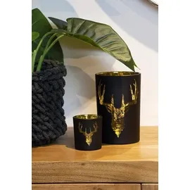 Edzard Windlicht Lio, Höhe 18 cm, Hirsch-Motiv, außen matt schwarz/innen Gold - Teelichthalter, Teelichtglas