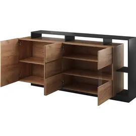 vente-unique 4-türige Kommode mit 4 Nischen und LED-Beleuchtung - Natürliches Licht und Anthrazit - IDESIA
