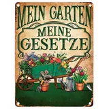 speecheese Mein Garten Meine Gesetze Metallschild in 15x20 cm mit Blumenwagen ein dekoratives Blechschild für Gartenfreunde Garten Hütte Gartenhaus Gärtner gärtnern