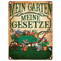 speecheese Mein Garten Meine Gesetze Metallschild in 15x20 cm mit Blumenwagen ein dekoratives Blechschild für Gartenfreunde Garten Hütte Gartenhaus Gärtner gärtnern