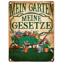speecheese Mein Garten Meine Gesetze Metallschild in 15x20 cm mit Blumenwagen ein dekoratives Blechschild für Gartenfreunde Garten Hütte Gartenhaus Gärtner gärtnern