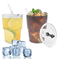 Newpop 2 Stück Latte Macchiato Gläser 400ml, Teegläser Glas Cappuccino, Kaffeegläser, Kaffeeglas, Eiskaffee Gläser Luftdicht Wasserdicht Design, Kaffeebecher mit Deckel und Strohhalm,Gestreifte