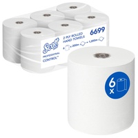 Scott Control Rollenhandtücher 6699 – 2-lagige Einweg-Papiertücher – 6 Papiertuchrollen x 200m Papierhandtücher, weiß (insges. 1.200m)