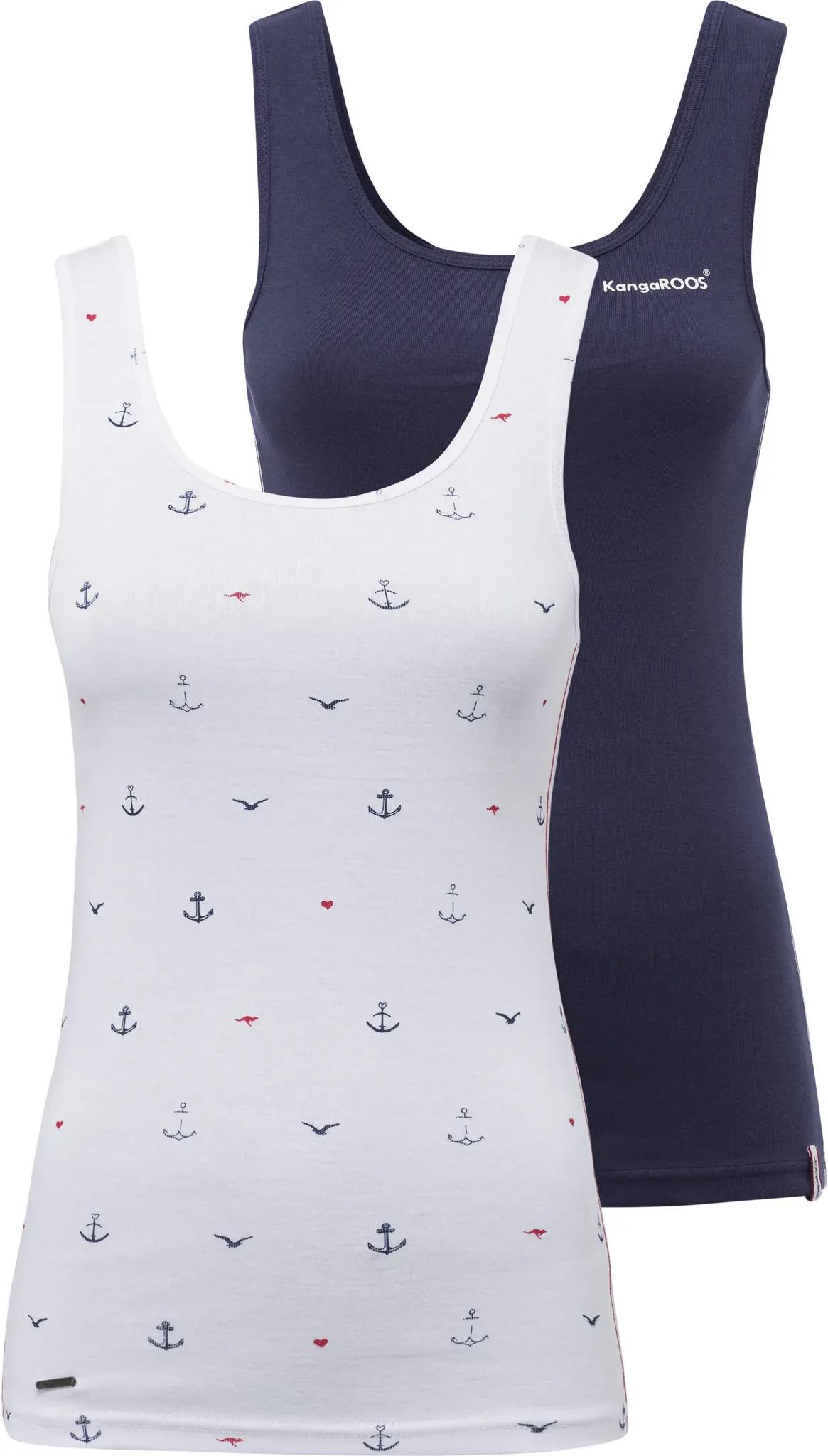 Ripptanktop KANGAROOS, Damen, Gr. 48/50, blau (weiß, marine), Rippware, Obermaterial: 100% Baumwolle. Obermaterial weiß: 100% Baumwolle, bedruckt, kontrastfarbene Details, unifarben, Basic, sehr figurbetont hüftbedeckend, Rundhals, Tops, im Doppelpack - 1x uni + 1x bedruckt