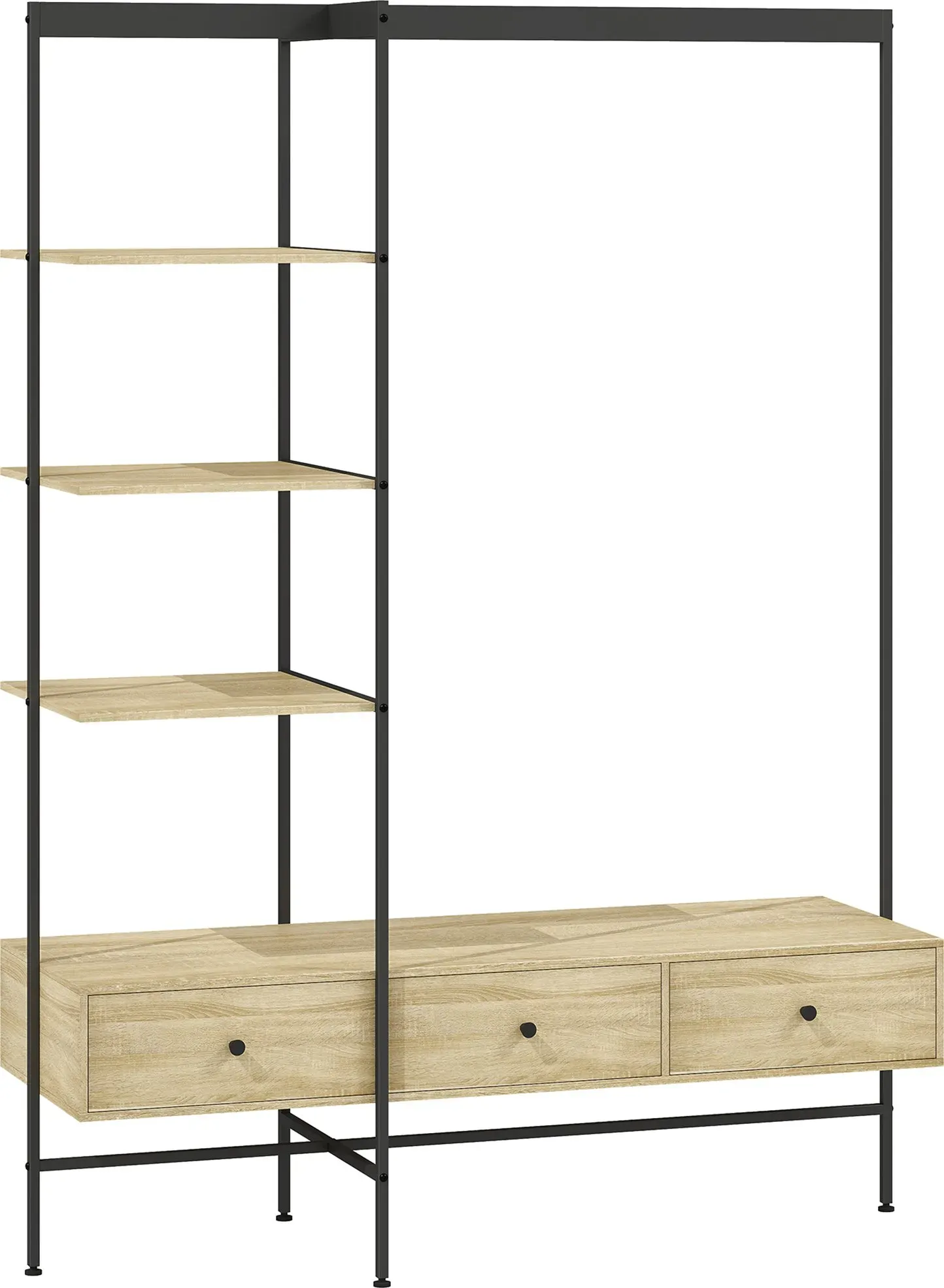 HOMCOM Garderobenständer mit Regalen, Schubladen und Kleiderstange, 180 cm freistehender Kleiderständer im modernen Stil, Metallrahmen, Kippschutz, Eiche   Aosom