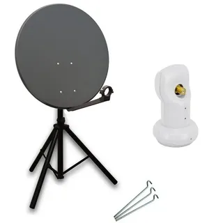 PremiumX Camping Satelliten-Komplettanlage 80cm Satellitenschüssel Anthrazit SAT Single LNB Dreibein-Stativ inkl. 3x Heringe