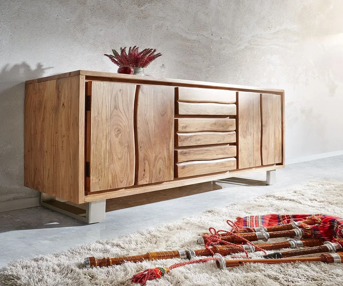 DELIFE Buffet Live-Edge 172 cm acacia nature 3 tiroirs 4 portes, Buffets, Baumkantenmöbel, Massivholzmöbel, Massivholz