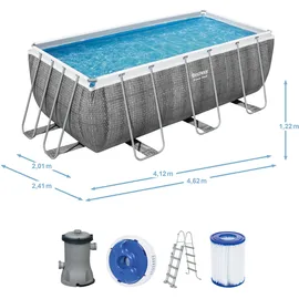 BESTWAY Power Steel Frame Pool Set 412 x 201 x 122 cm inkl. Filterpumpe grau Rattanoptik